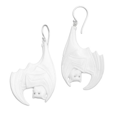 Alternate image for Bat Hand-Carved Bone Dangle Earrings with 925 Silver Hooks Bat Duo
