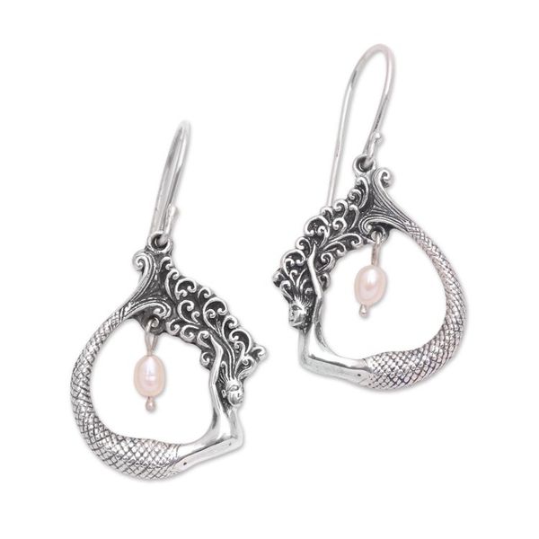 Alternate image for Cultured Pearl Mermaid Dangle Earrings Crafted in Bali Mermaid Pose