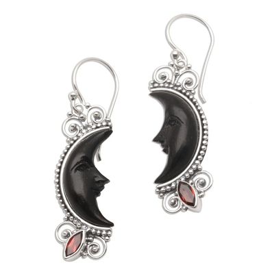 Alternate image for Silver and Garnet Moon Earrings with Water Buffalo Horn Dark Crescent Moon