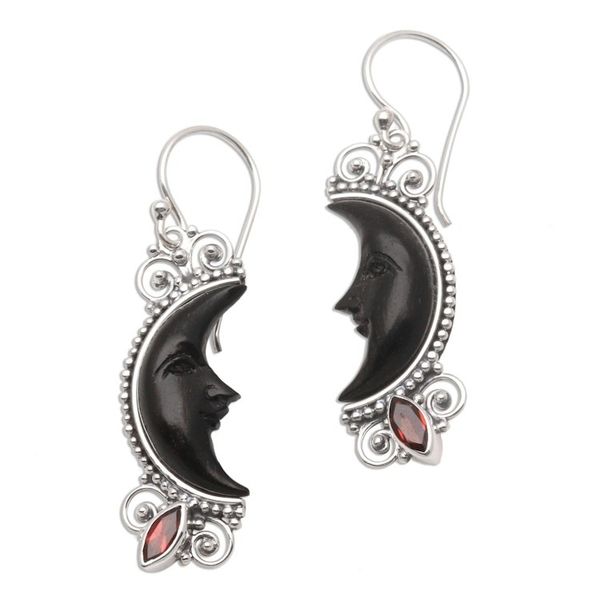 Alternate image for Silver and Garnet Moon Earrings with Water Buffalo Horn Dark Crescent Moon