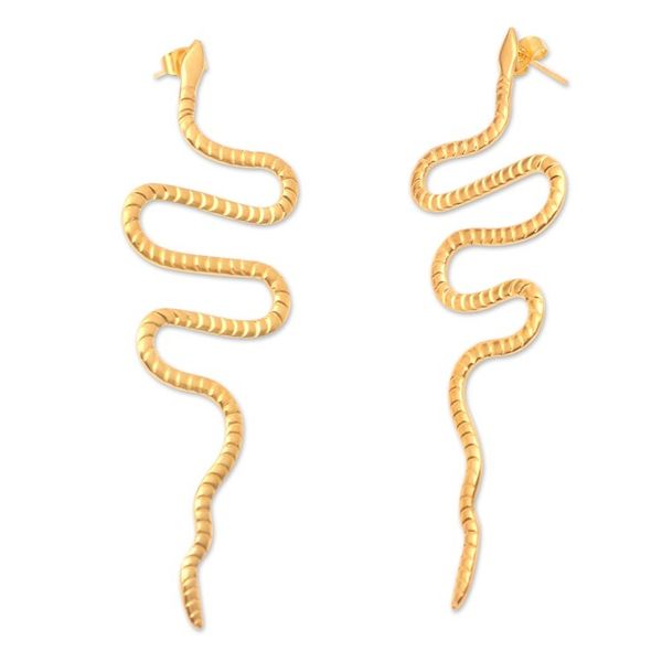 Alternate image for Handmade Gold-Plated Drop Earrings with Snake Motif Rattlesnake Rumble