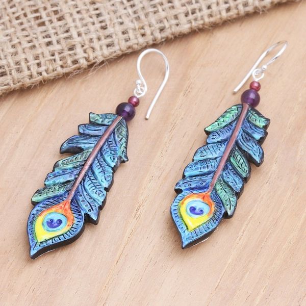 Alternate image for Hand-Painted Garnet and Amethyst Dangle Earrings Krishna Feathers