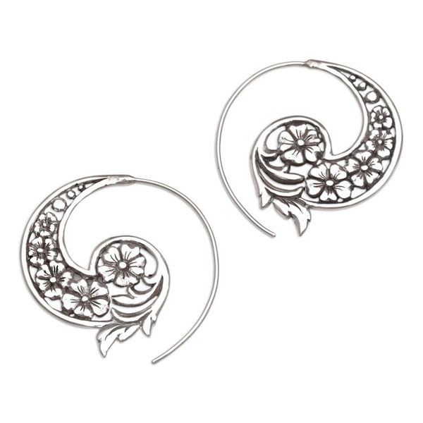 Alternate image for Handmade Sterling Silver Half Hoop Earrings from Indonesia Dazzling Flourish