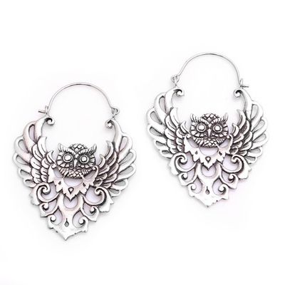 Alternate image for Sterling Silver Owl Hoop Earrings from Bali Owl Majesty