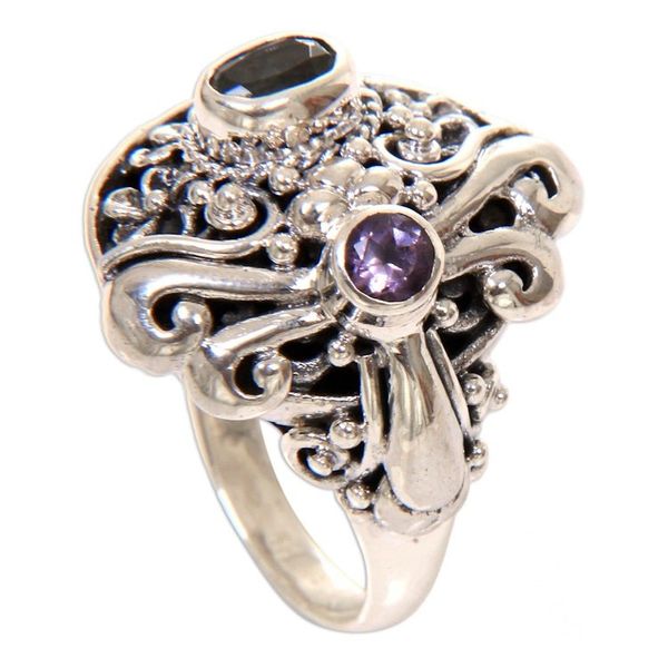 Alternate image for Amethyst  Blue Topaz Sterling Silver Dragonfly Floral Ring Seminyak Dragonfly
