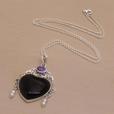 Alternate image for Amethyst Cultured Pearl Silver Black Bone Heart Necklace Love Like Midnight