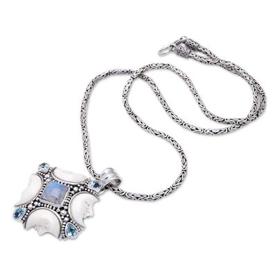 Alternate image for Moon Pendant Necklace with Blue Topaz and Rainbow Moonstone Gianyars Moon