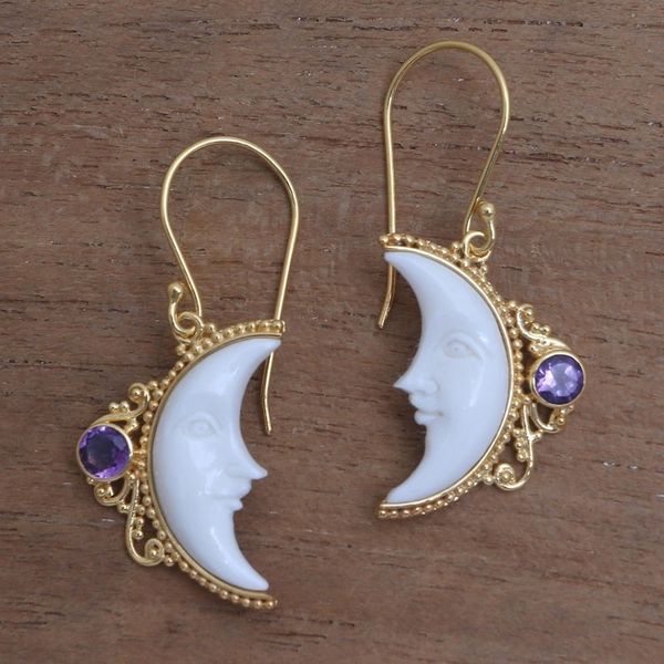 Alternate image for Gold Plated Amethyst Crescent Moon Dangle Earrings from Bali Regal Crescents