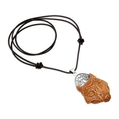 Alternate image for Mens Bone Leather  Sterling Silver Wolf Pendant Necklace Night Wolf