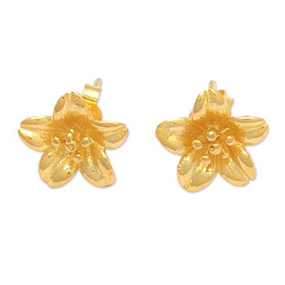 Alternate image for 18k Gold-Plated Floral Sterling Silver Button Earrings Summery Frangipani
