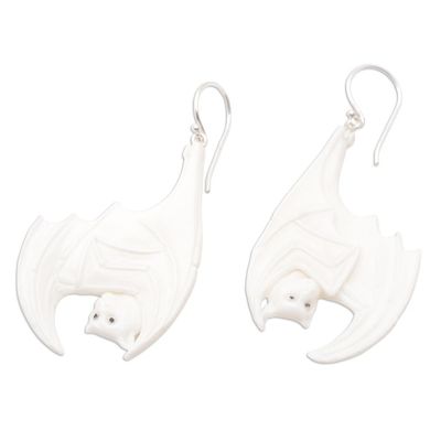 Alternate image for Bat Hand-Carved Bone Dangle Earrings with 925 Silver Hooks Bat Duo