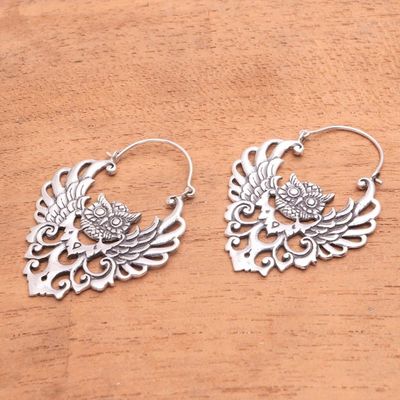 Alternate image for Sterling Silver Owl Hoop Earrings from Bali Owl Majesty