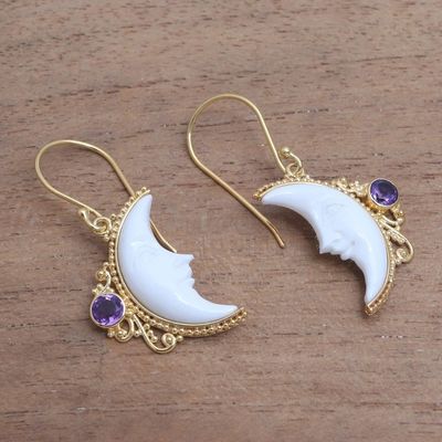 Alternate image for Gold Plated Amethyst Crescent Moon Dangle Earrings from Bali Regal Crescents