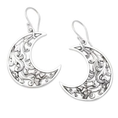 Alternate image for Sterling Silver Crescent Moon Dangle Earrings Made in Bali Carved Moon