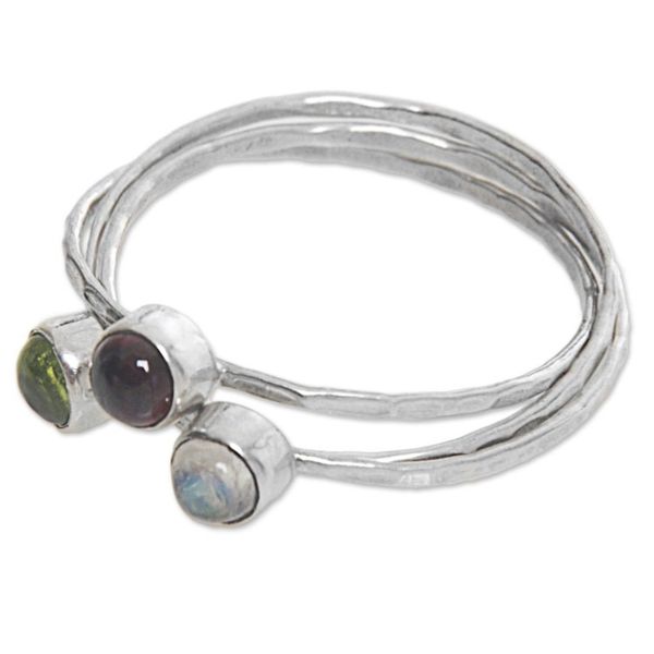Alternate image for Balinese Garnet Peridot Rainbow Moonstone Multigem Ring Memorable Trio