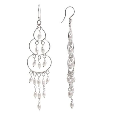 Alternate image for Sterling Silver Cultured Pearl Chandelier Earrings Indonesia Moonlit Orbs