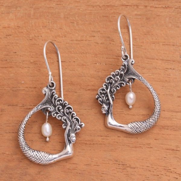Alternate image for Cultured Pearl Mermaid Dangle Earrings Crafted in Bali Mermaid Pose