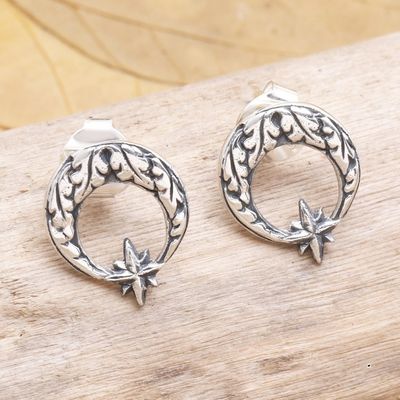 Alternate image for Sterling Silver Crescent Moon Button Earrings Balinese Star