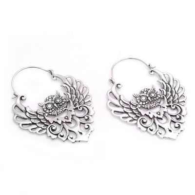 Alternate image for Sterling Silver Owl Hoop Earrings from Bali Owl Majesty