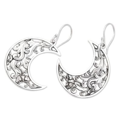 Alternate image for Sterling Silver Crescent Moon Dangle Earrings Made in Bali Carved Moon