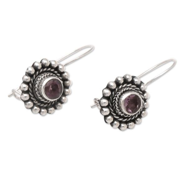 Alternate image for Sterling Silver Floral Drop Earrings with Amethyst Stone Enchanting Flower in Purple
