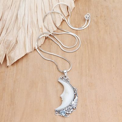 Alternate image for Blue Topaz Pendant Necklace with Crescent Moon Motif Flowering Moon