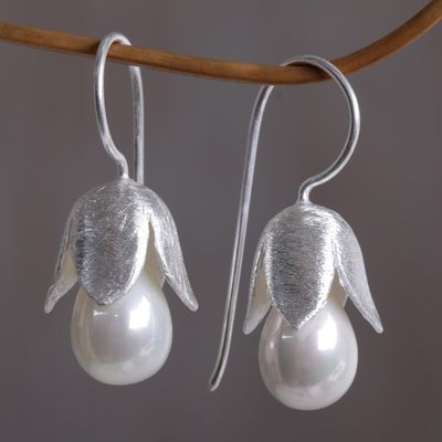 Alternate image for Floral Sterling Silver and Pearl Earrings Floral Bud