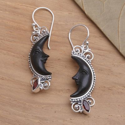 Alternate image for Silver and Garnet Moon Earrings with Water Buffalo Horn Dark Crescent Moon