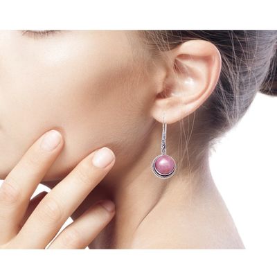 Alternate image for Balinese Cultured Pink Pearl Dangle Earrings Balinese Camellia