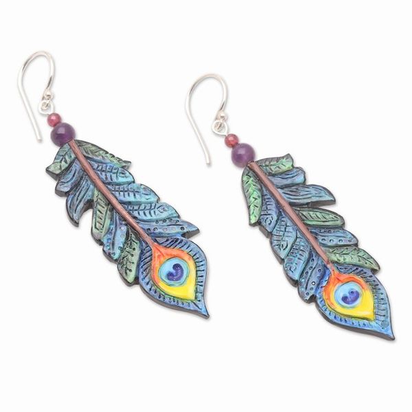 Alternate image for Hand-Painted Garnet and Amethyst Dangle Earrings Krishna Feathers