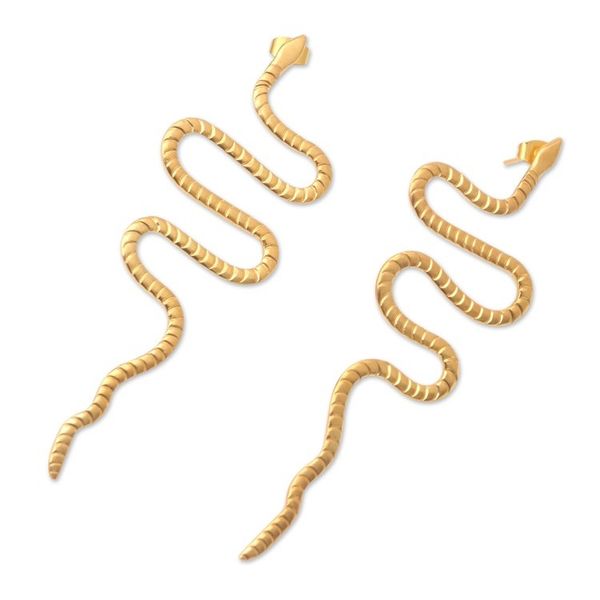 Alternate image for Handmade Gold-Plated Drop Earrings with Snake Motif Rattlesnake Rumble