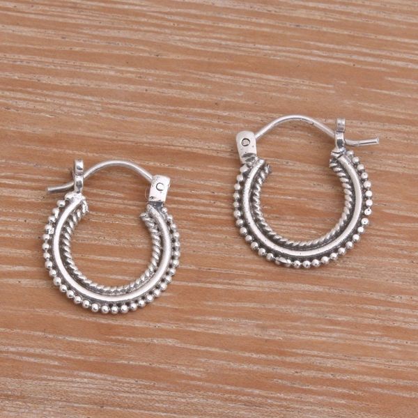 Alternate image for Sterling Silver Hoop Earrings Handcrafted in Bali Luminescent Halo