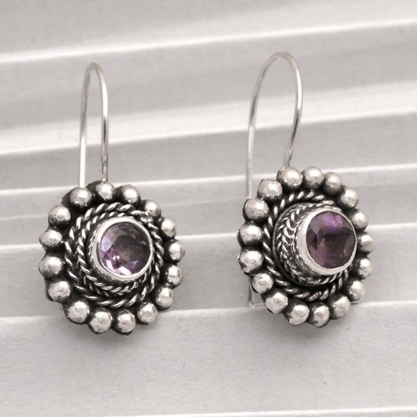 Alternate image for Sterling Silver Floral Drop Earrings with Amethyst Stone Enchanting Flower in Purple