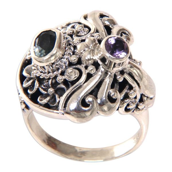 Alternate image for Amethyst  Blue Topaz Sterling Silver Dragonfly Floral Ring Seminyak Dragonfly
