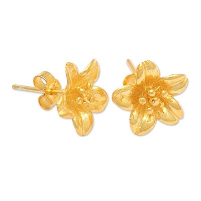 Alternate image for 18k Gold-Plated Floral Sterling Silver Button Earrings Summery Frangipani