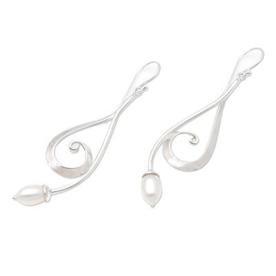 Alternate image for Sterling Silver and Cultured Pearl Dangle Earrings Wave Melody in White