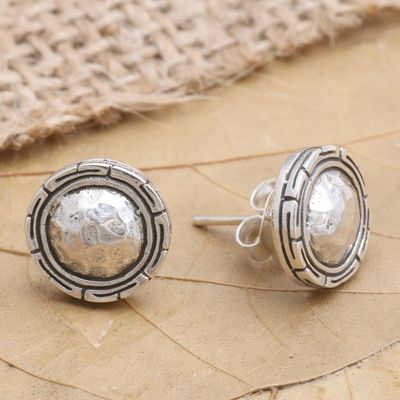 Alternate image for Hand Crafted Sterling Silver Button Earrings Shimmering Gong