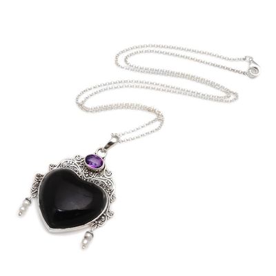 Alternate image for Amethyst Cultured Pearl Silver Black Bone Heart Necklace Love Like Midnight