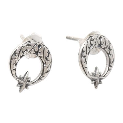 Alternate image for Sterling Silver Crescent Moon Button Earrings Balinese Star