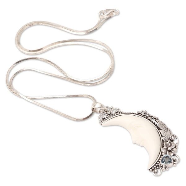 Alternate image for Blue Topaz Pendant Necklace with Crescent Moon Motif Flowering Moon