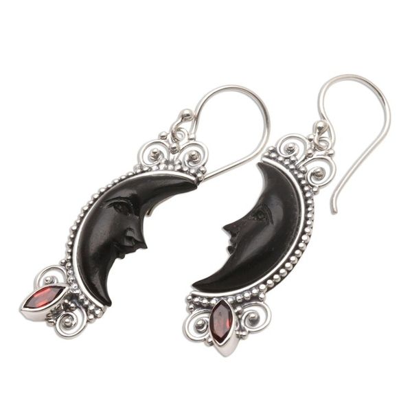 Alternate image for Silver and Garnet Moon Earrings with Water Buffalo Horn Dark Crescent Moon