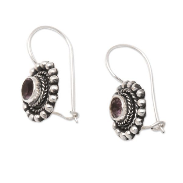 Alternate image for Sterling Silver Floral Drop Earrings with Amethyst Stone Enchanting Flower in Purple