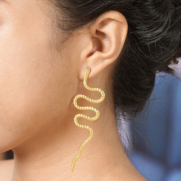 Alternate image for Handmade Gold-Plated Drop Earrings with Snake Motif Rattlesnake Rumble