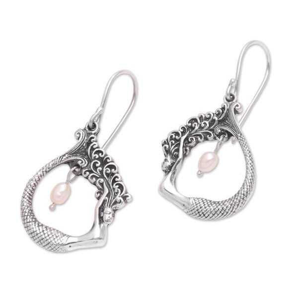 Alternate image for Cultured Pearl Mermaid Dangle Earrings Crafted in Bali Mermaid Pose