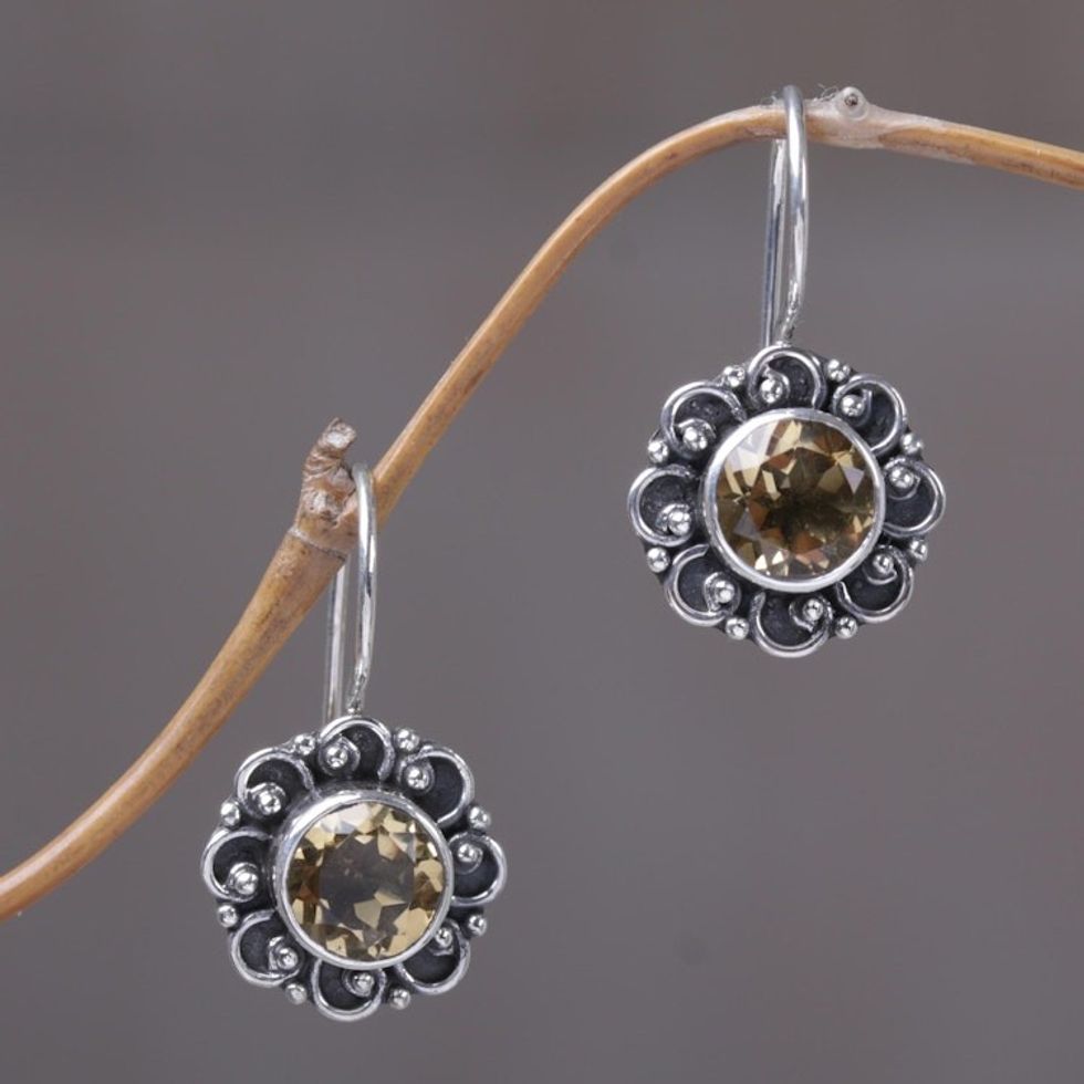 Sterling Silver and Citrine Sunflower Drop Earrings 'Singaraja Sunflower'