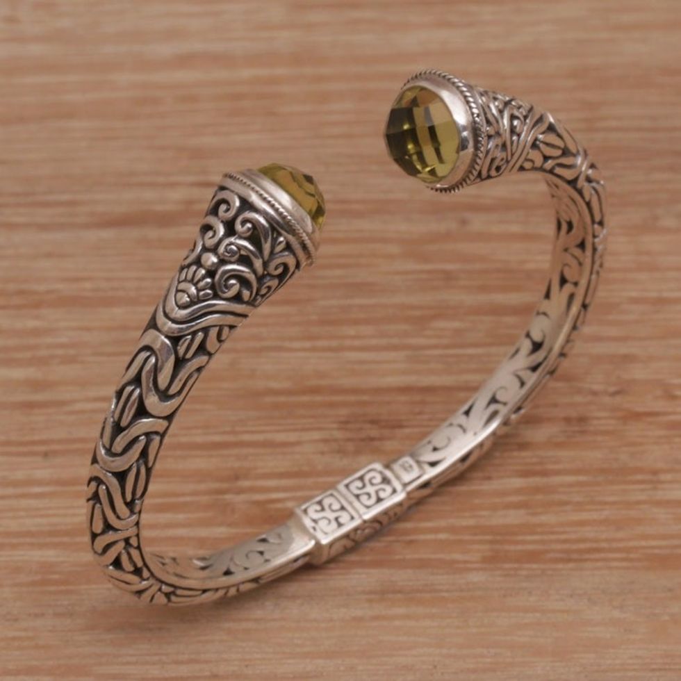 Balinese Style Hinged 925 Silver Prasiolite Cuff Bracelet 'Our Two Souls'