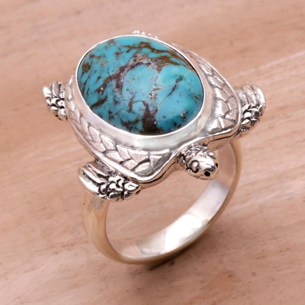 Men's Sterling Silver and Reconstituted Turquoise Ring 'Chelonia Turtle'