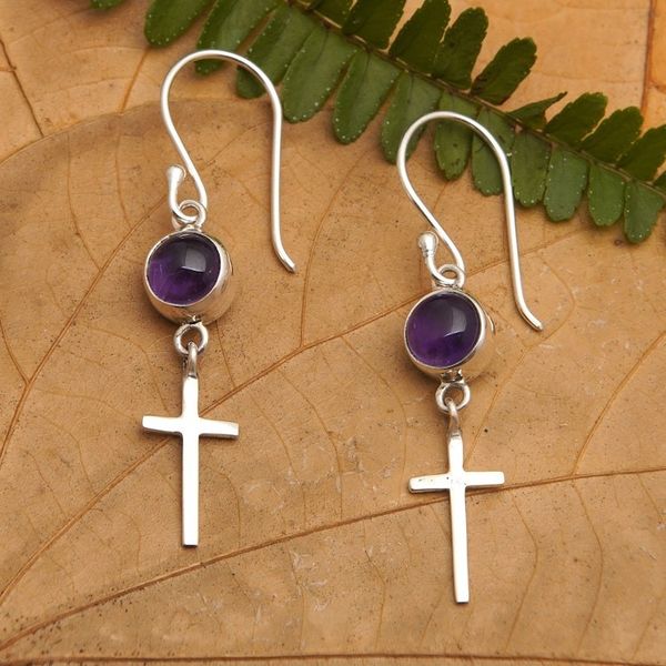 Alternate image for Polished Cross-Themed Amethyst Dangle Earrings from Bali Heavenly Purple