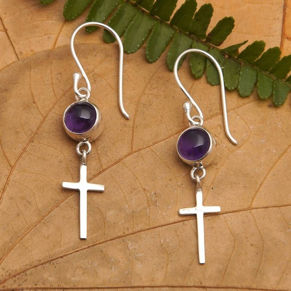 Polished Cross-Themed Amethyst Dangle Earrings from Bali 'Heavenly Purple'