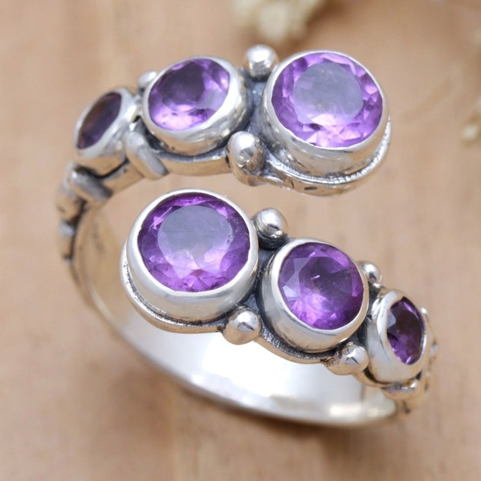 Sterling Silver Wrap Ring with Amethyst Gemstones from Bali 'Purple Gravel'